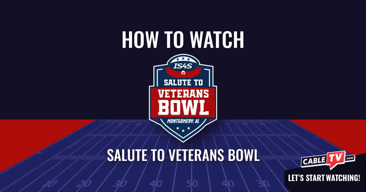A "How to Watch" graphic featuring the Salute to Veterans Bowl logo centered above a stylized football field on a dark blue background.