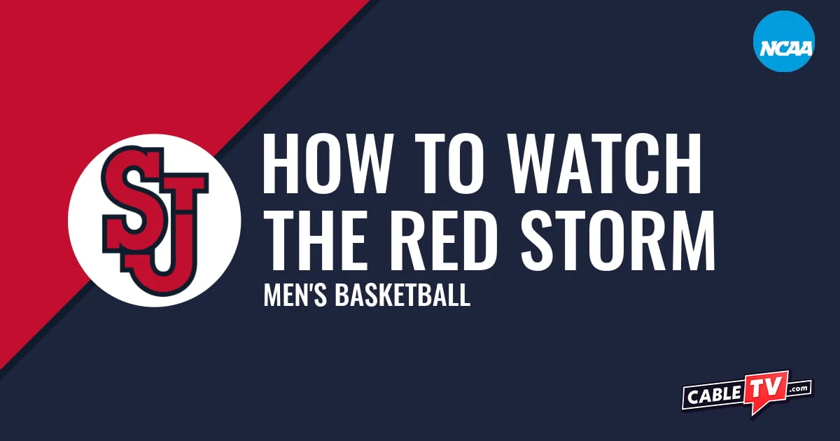 Watch St. John's Men's Basketball St. John's Red Storm logo on a stylized red and dark blue graphic for the men's basketball team watch guide.