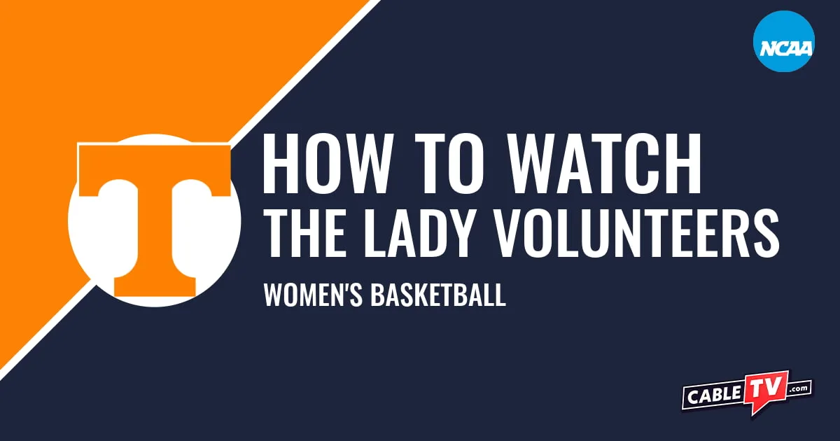 Tennessee Lady Volunteers logo on a stylized orange and dark blue graphic for the women's basketball team watch guide.