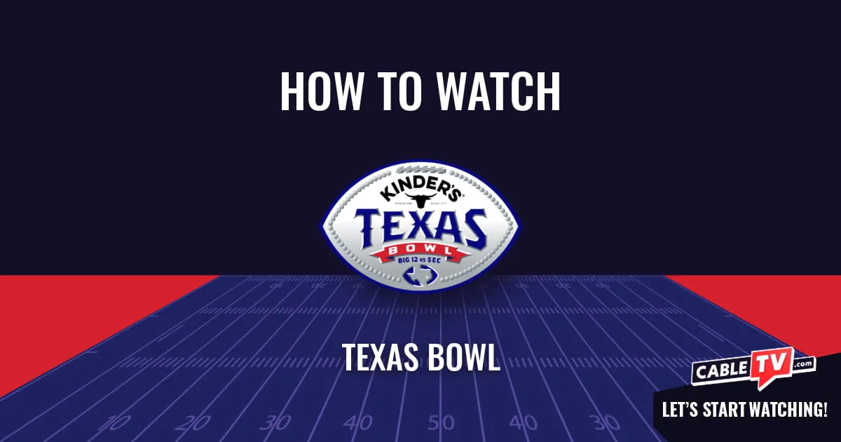 A "How to Watch" graphic featuring the Texas Bowl logo centered above a stylized football field on a dark blue background.