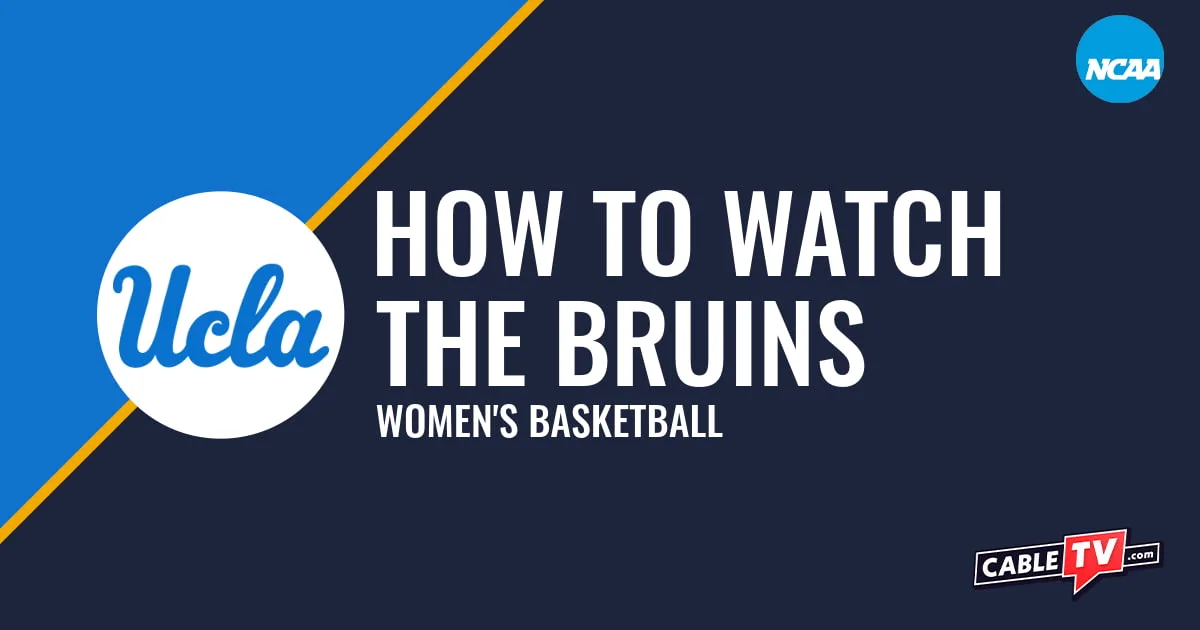 UCLA Bruins logo on a stylized blue and yellow graphic for the women's basketball team watch guide.