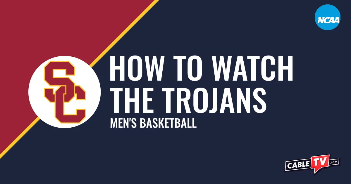 USC Trojans logo on a stylized red and dark blue graphic for the men's basketball team watch guide.
