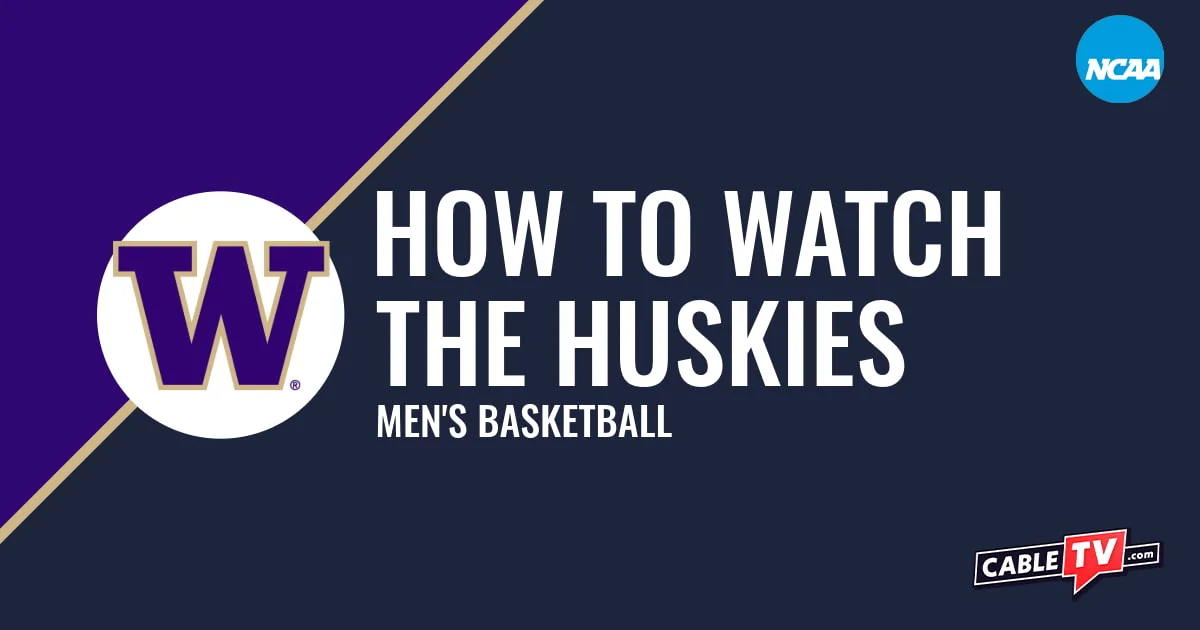 Washington Huskies logo on a stylized purple and dark blue graphic for the men's basketball team watch guide.