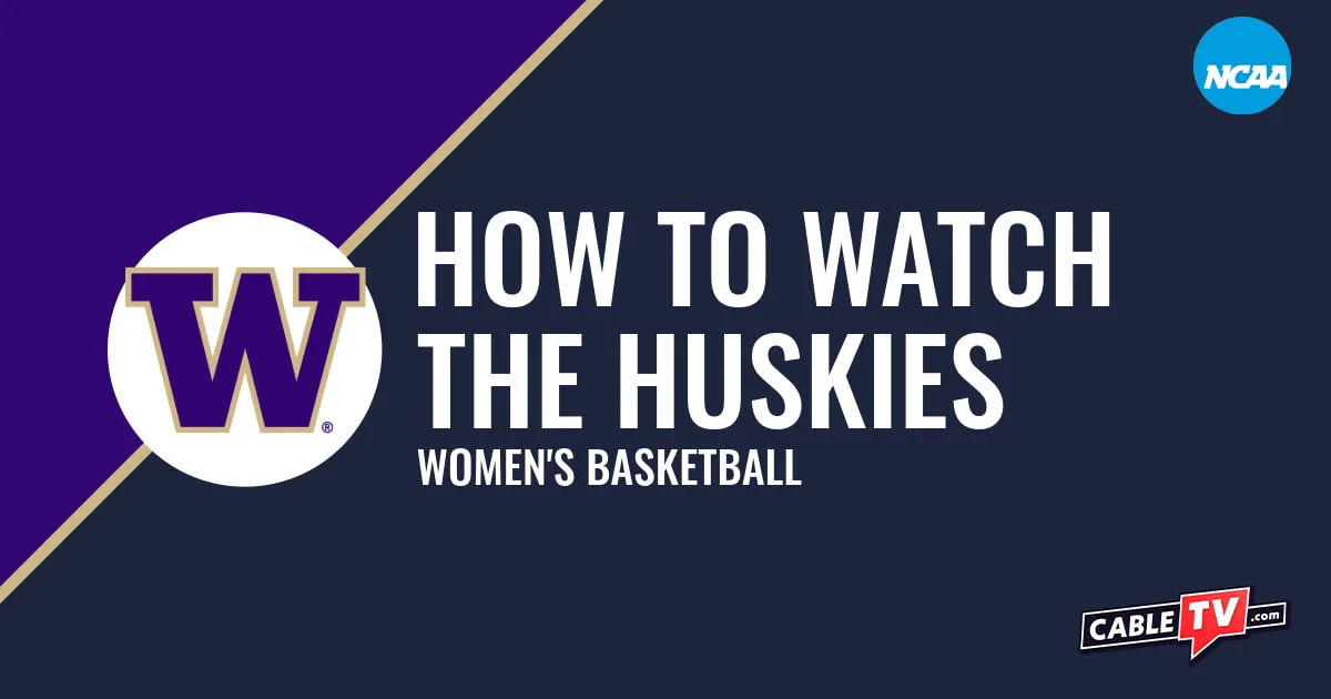 Washington Huskies logo on a stylized purple and dark blue graphic for the women's basketball team watch guide.