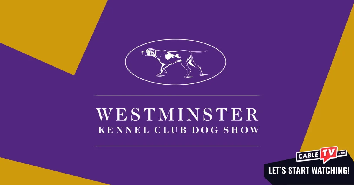 The Westminster Kennel Club Dog Show logo on a gold and purple background.