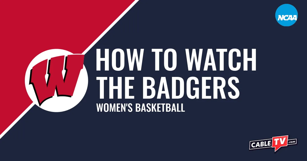 Wisconsin Badgers logo on a stylized red and dark blue graphic for the women's basketball team watch guide.