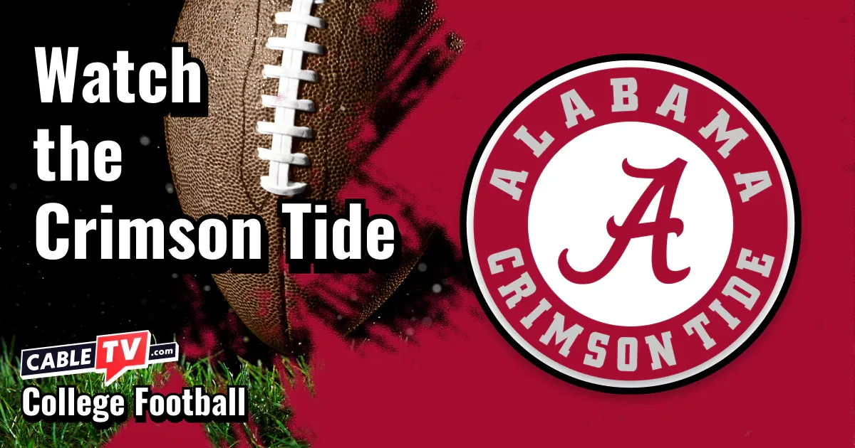 Alabama Crimson Tide logo on a crimson football background with the words “Watch the Crimson Tide.”