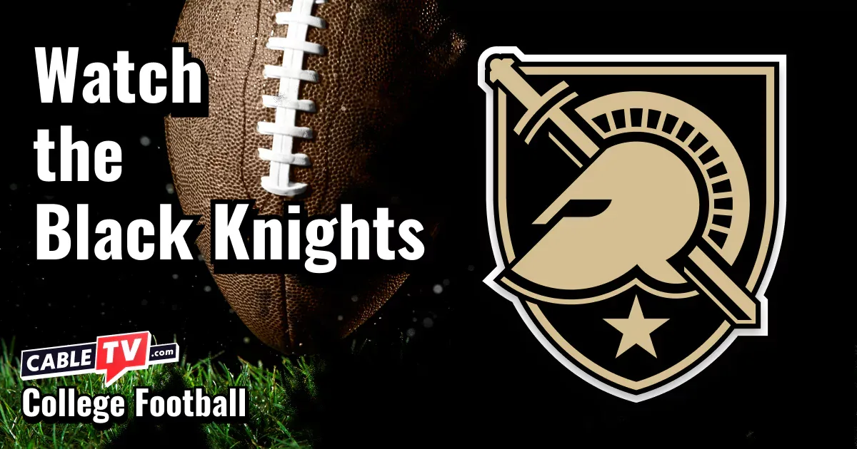 Army Black Knights logo on a black football background with the words “Watch the Black Knights.”