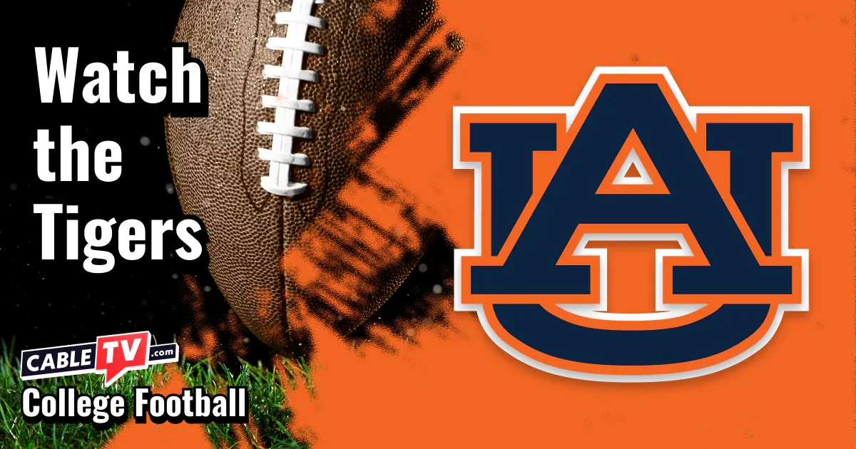 Auburn Tigers logo on a burnt orange football background with the words “Watch the Tigers.”