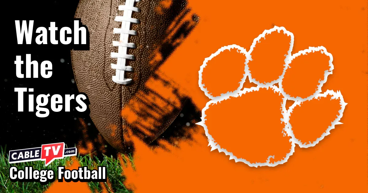 Clemson Tigers logo on an orange football background with the words “Watch the Tigers.”