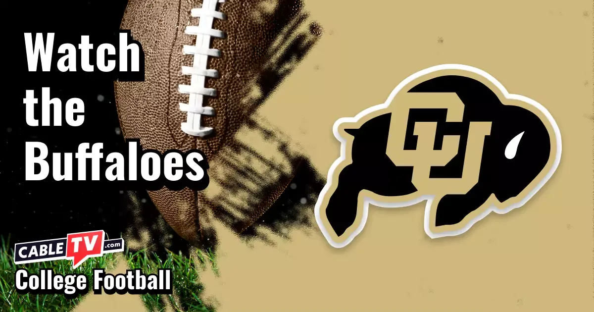 Colorado Buffaloes logo on a gold football background with the words “Watch the Buffaloes.”