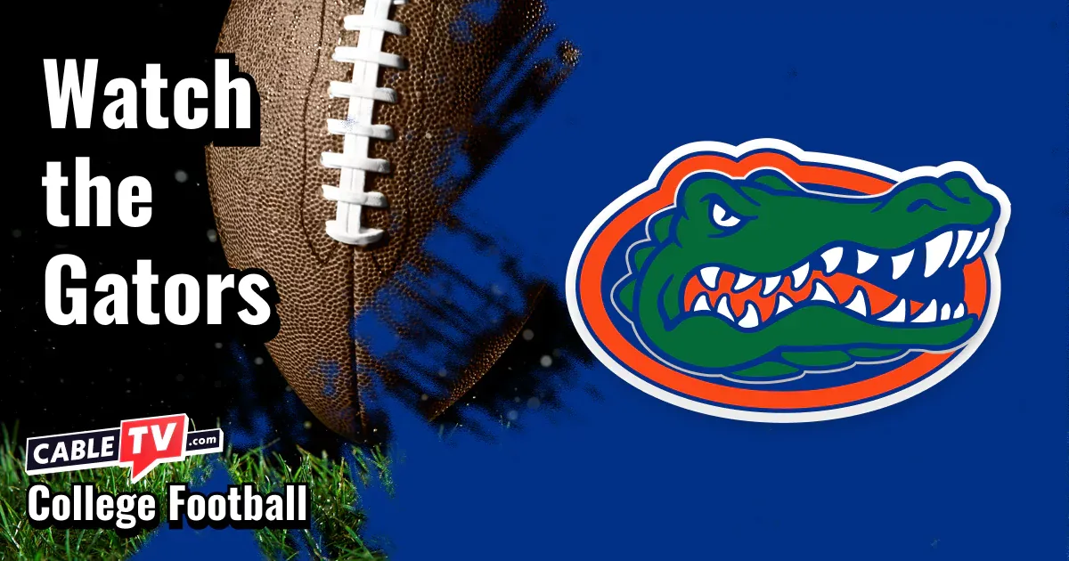 Florida Gators logo on a blue football background with the words “Watch the Gators.”