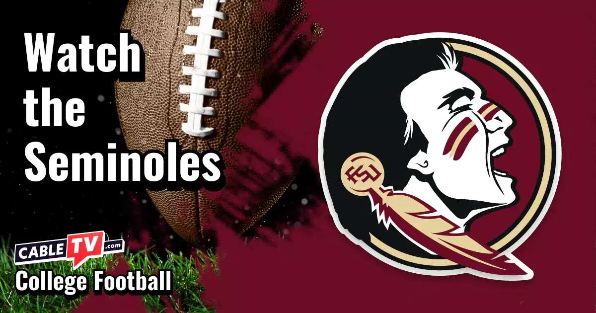 Florida State Seminoles logo on a garnet football background with the words “Watch the Seminoles.”
