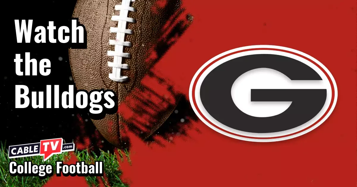 Georgia Bulldogs logo on a red football background with the words “Watch the Bulldogs.”