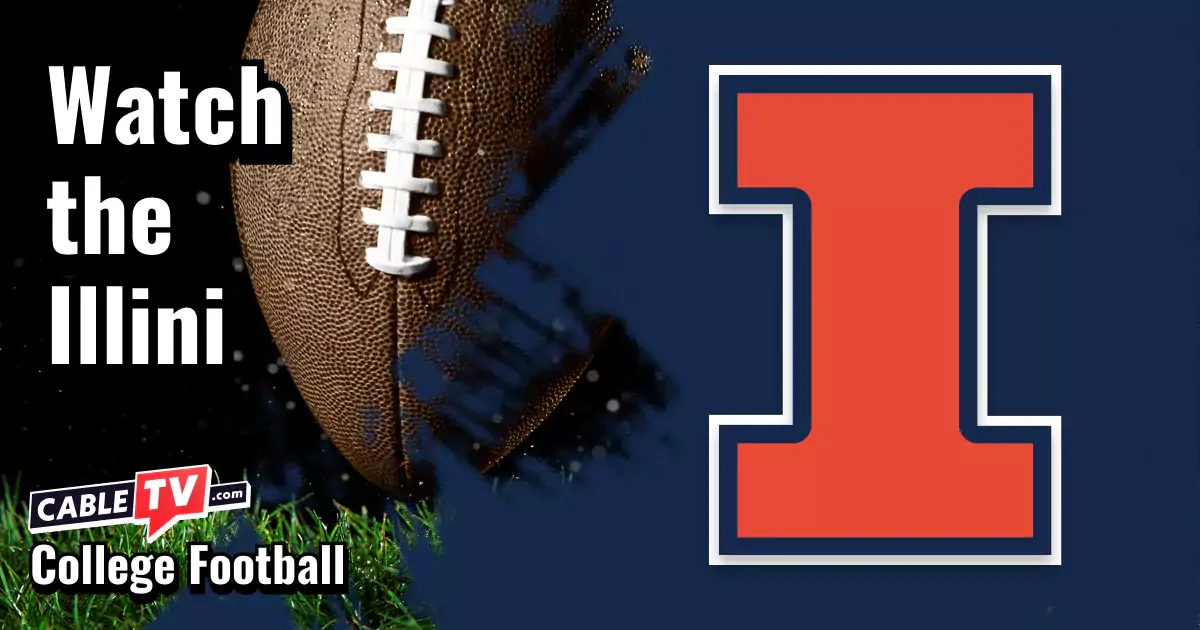 Illinois Fighting Illini logo on a dark blue football background with the words “Watch the Illini.”