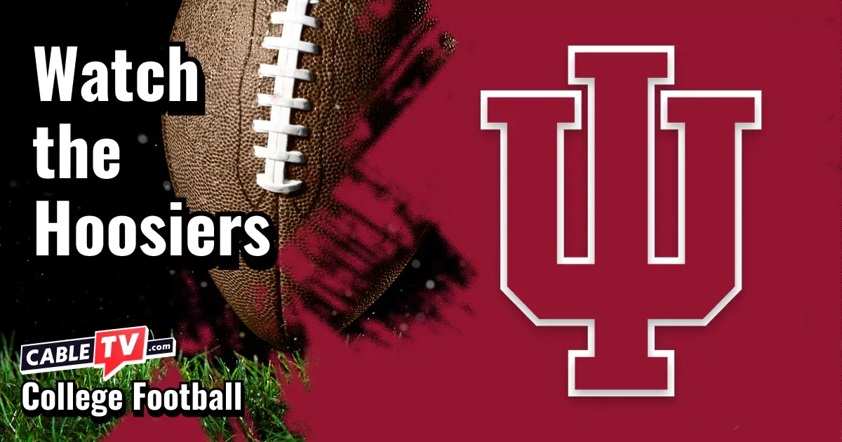 Indiana Hoosiers logo on a crimson football background with the words “Watch the Hoosiers.”