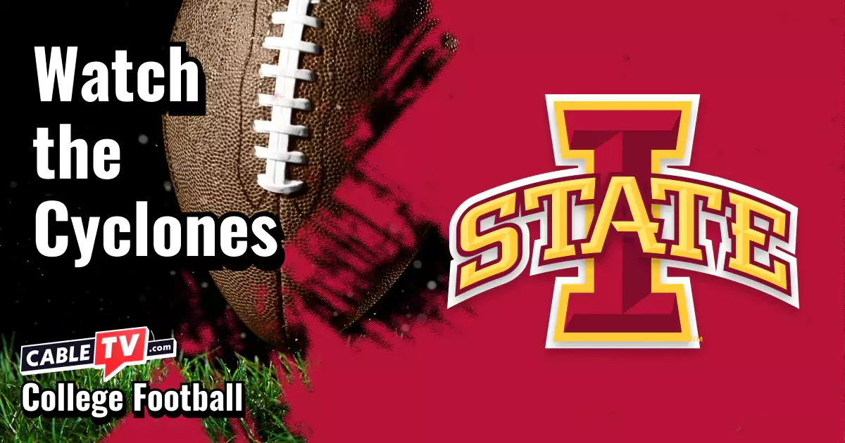 Iowa State Cyclones logo on a cardinal football background with the words “Watch the Cyclones.”