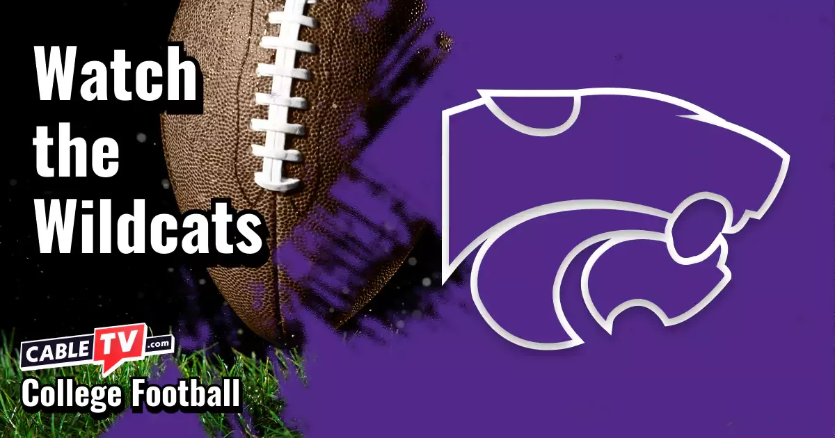 Kansas State Wildcats logo on a royal purple football background with the words “Watch the Wildcats.”