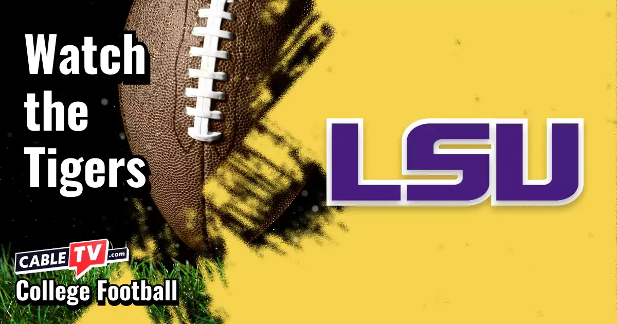 LSU Tigers logo on a yellow football background with the words “Watch the Tigers.”