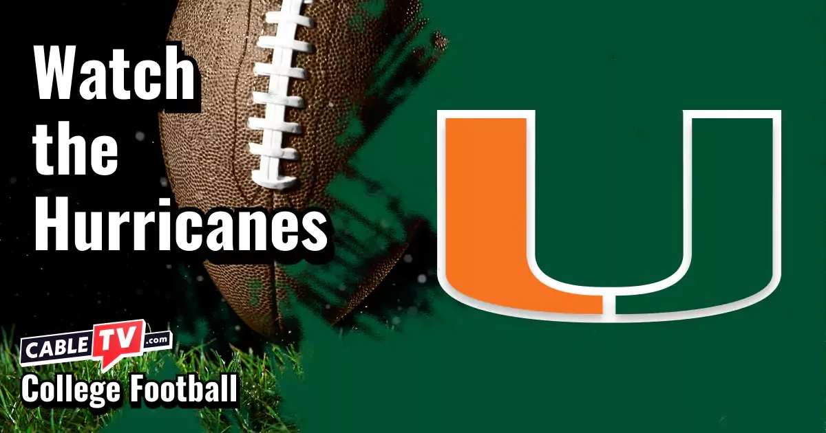 Miami Hurricanes logo on a green football background with the words “Watch the Hurricanes.”
