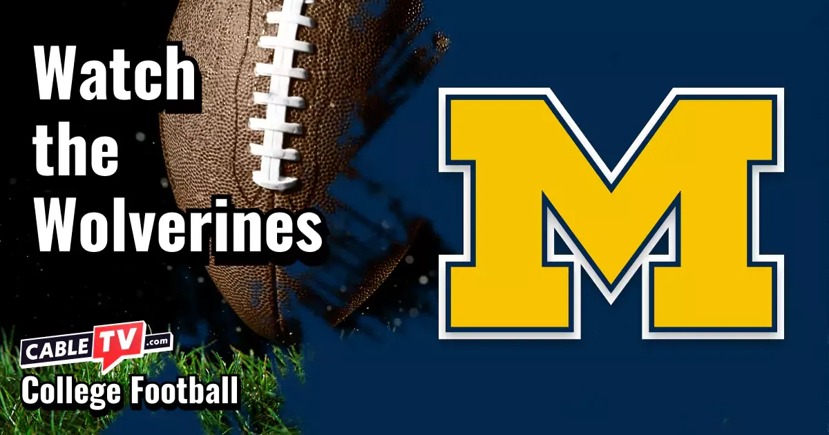 Michigan Wolverines logo on a blue football background with the words “Watch the Wolverines.”