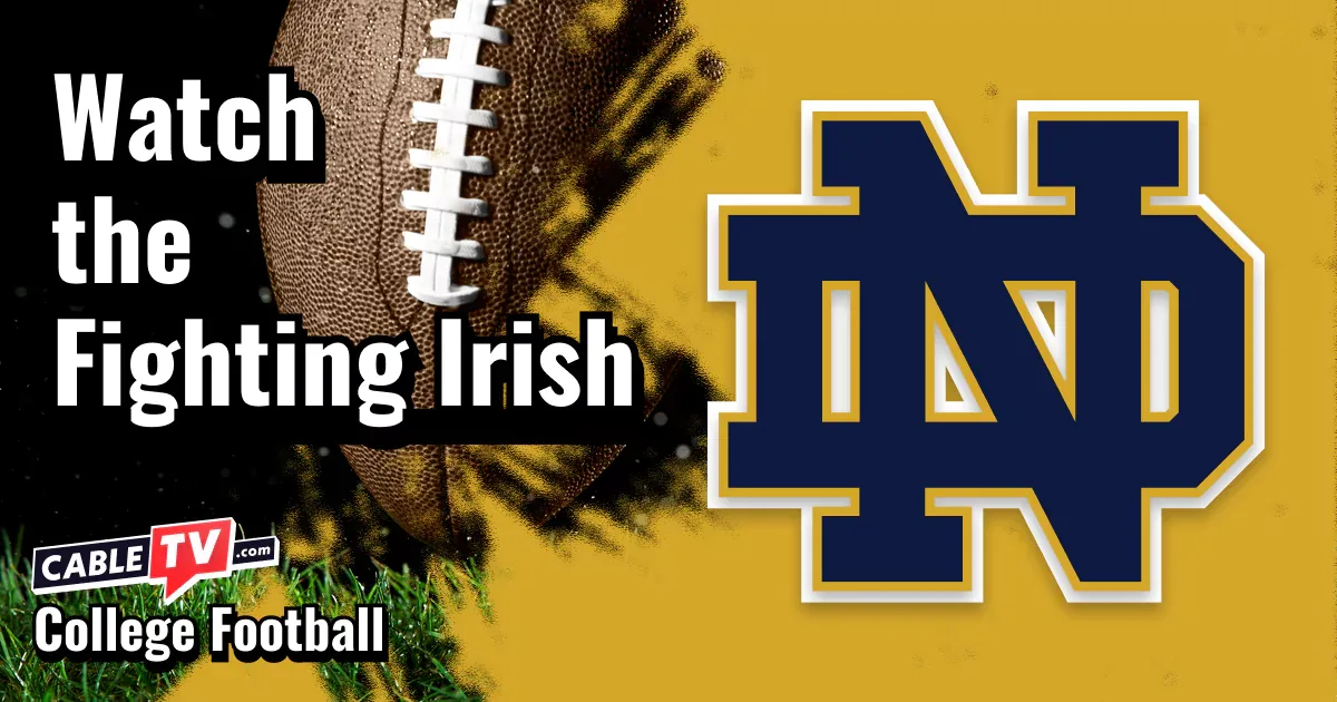 Notre Dame Fighting Irish logo on a gold football background with the words “Watch the Fighting Irish.”