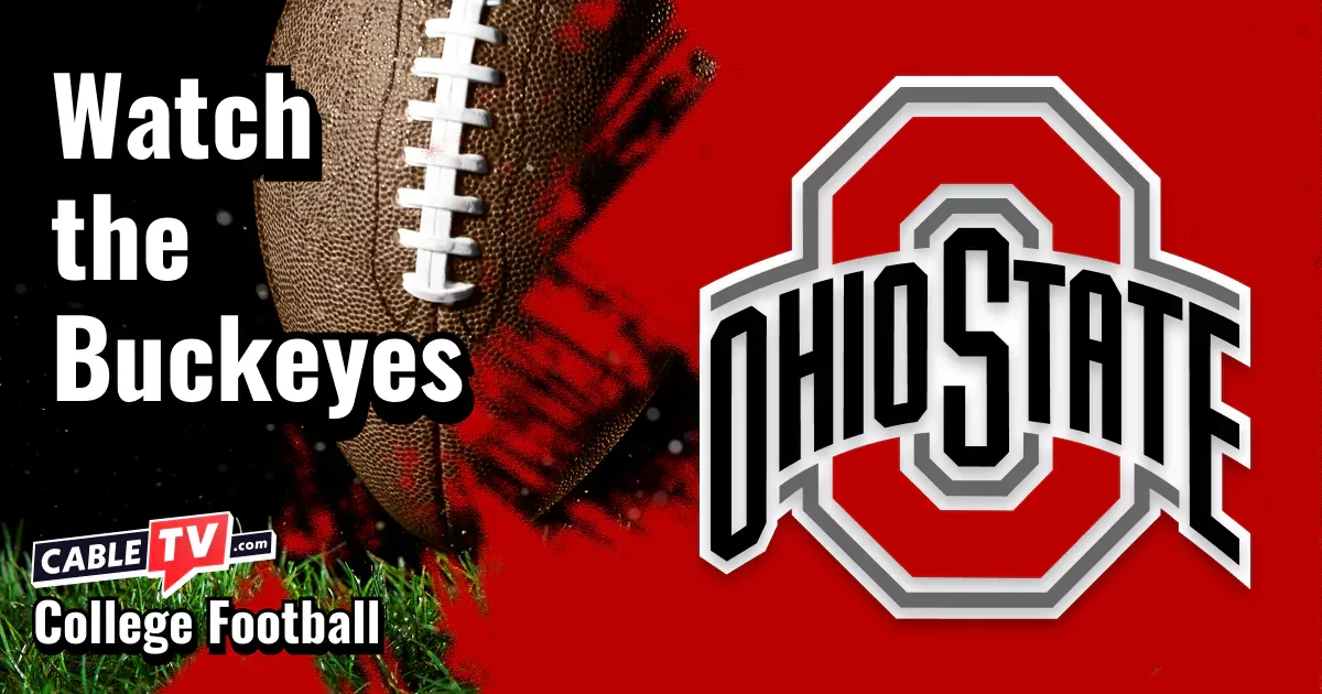 Ohio State Buckeyes logo on a scarlet football background with the words “Watch the Buckeyes.”
