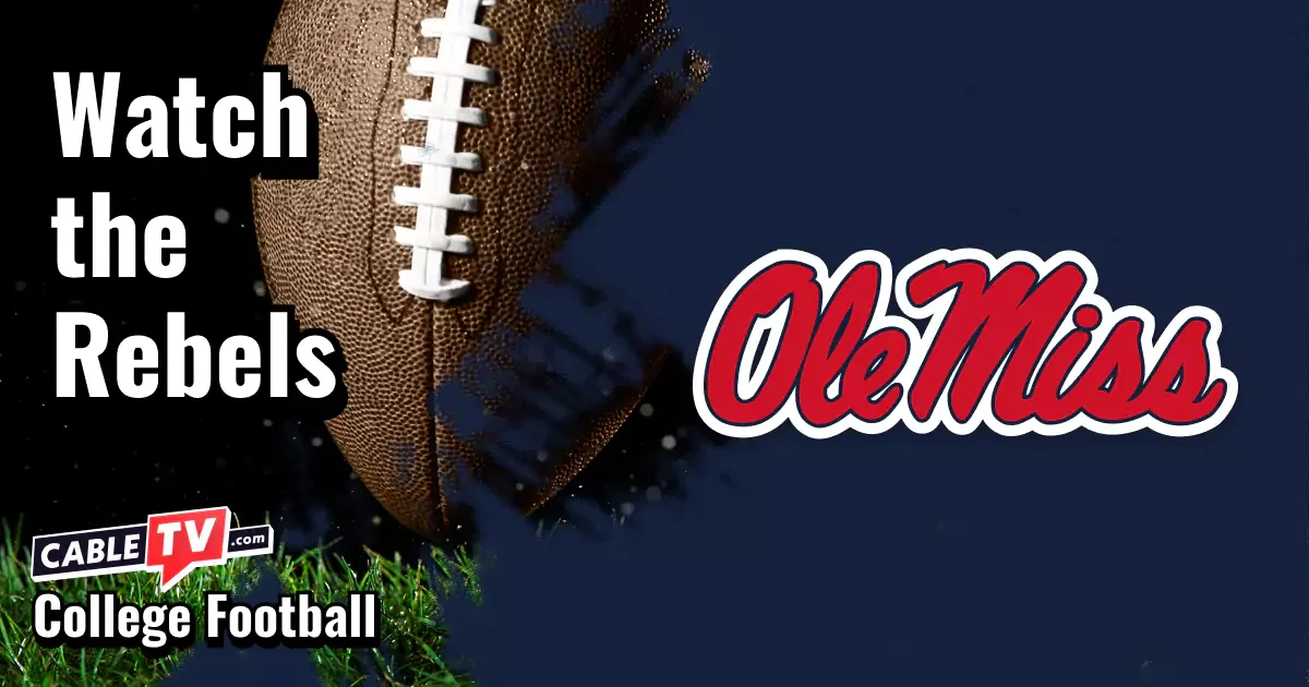 Ole Miss Rebels logo on a navy blue football background with the words “Watch the Rebels.”