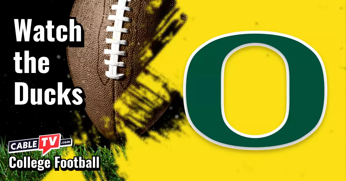 Oregon Ducks logo on a yellow football background with the words “Watch the Ducks.”