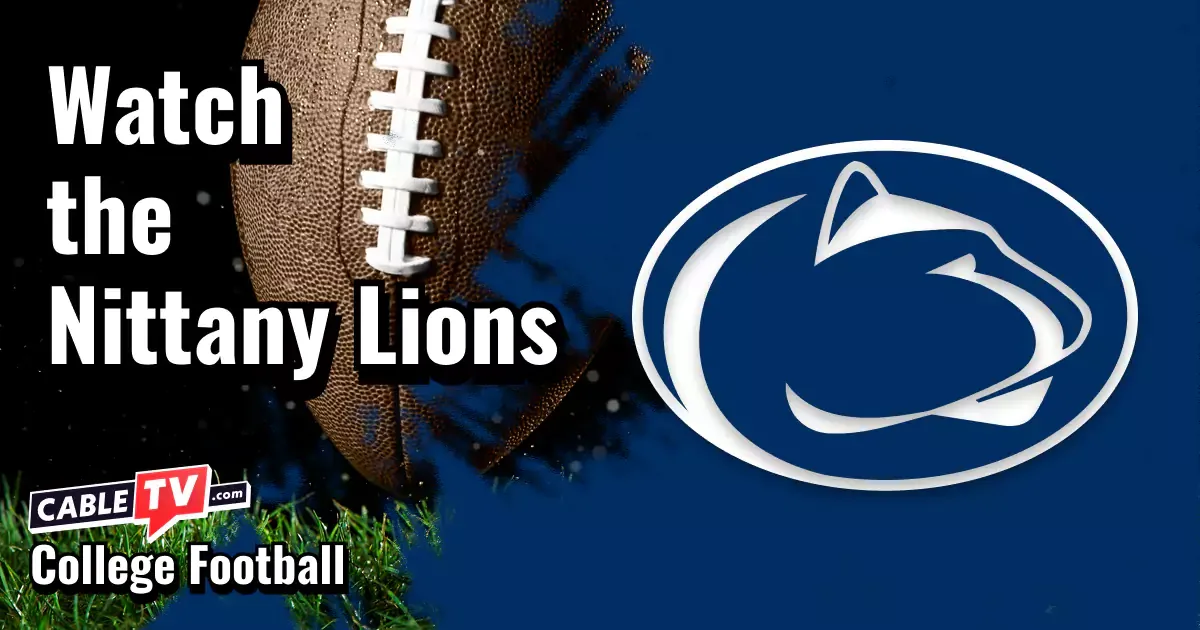 Penn State Nittany Lions logo on a blue football background with the words “Watch the Nittany Lions.”