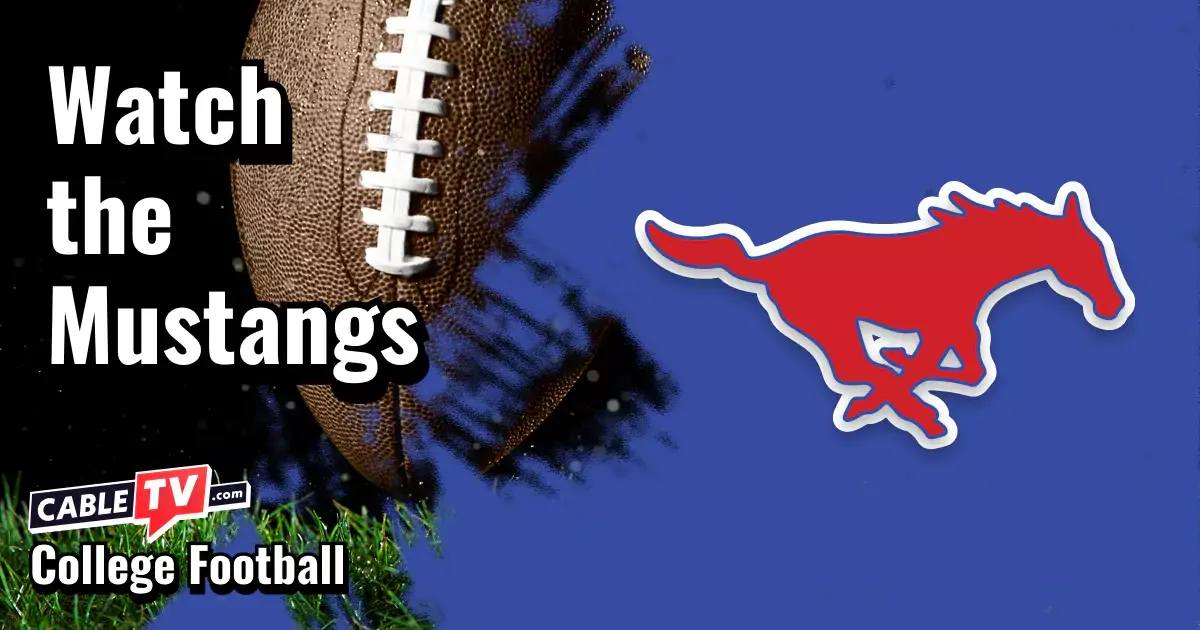SMU Mustangs logo on a blue football background with the words “Watch the Mustangs.”