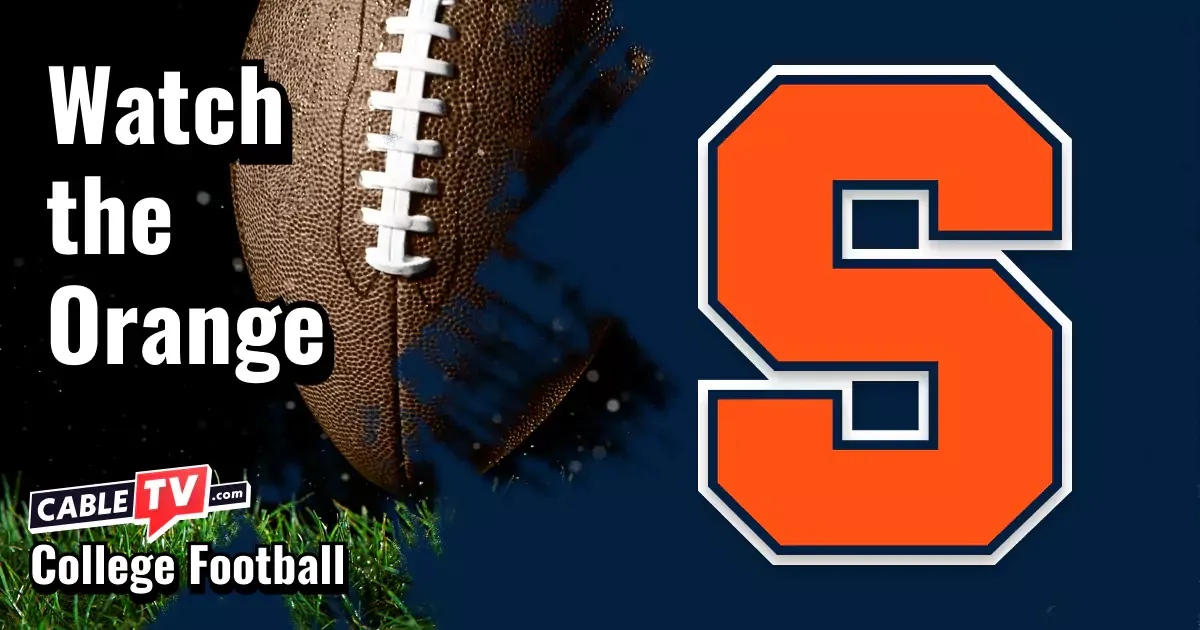 Syracuse Orange logo on a dark blue football background with the words “Watch the Orange.”