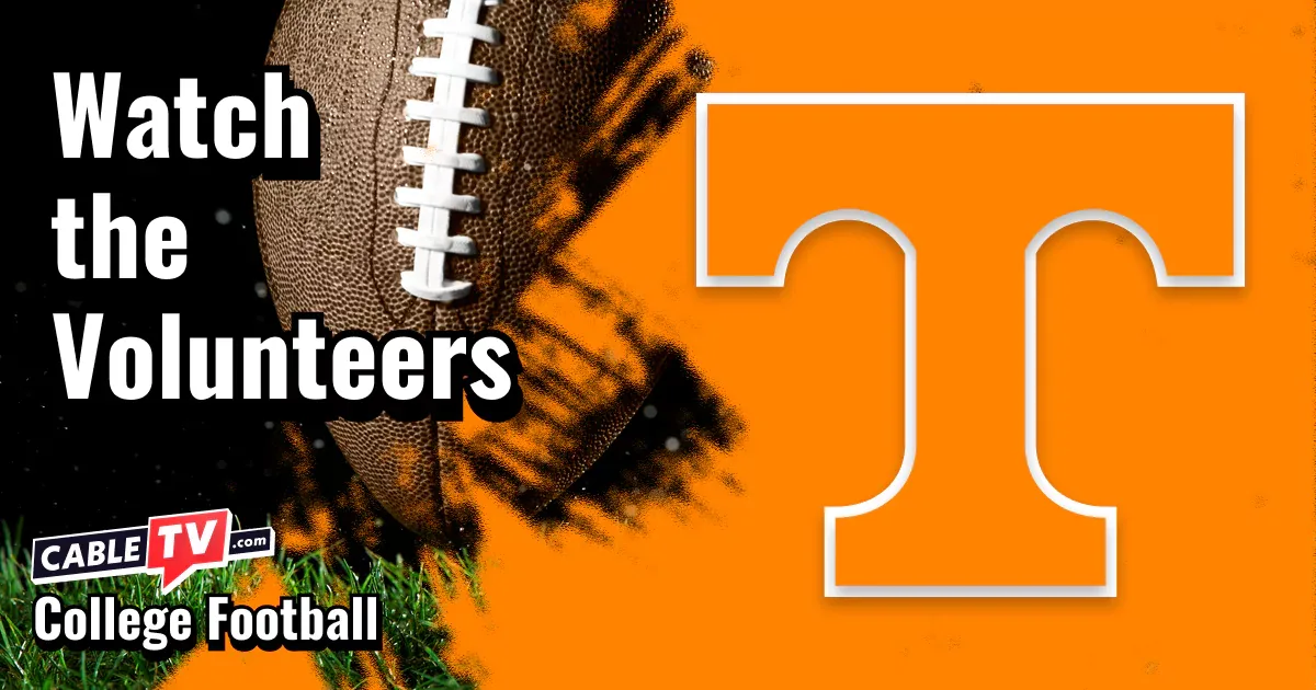 Tennessee Volunteers logo on an orange football background with the words “Watch the Volunteers.”