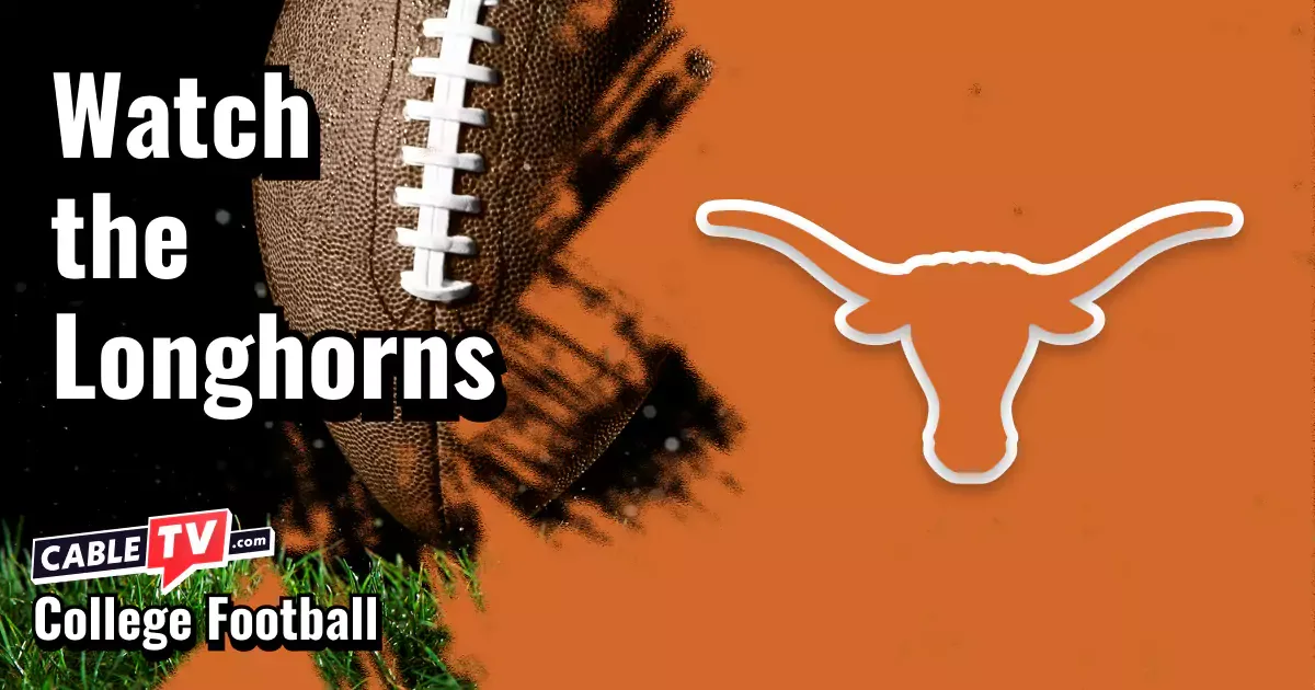 Texas Longhorns logo on a burnt orange football background with the words “Watch the Longhorns.”