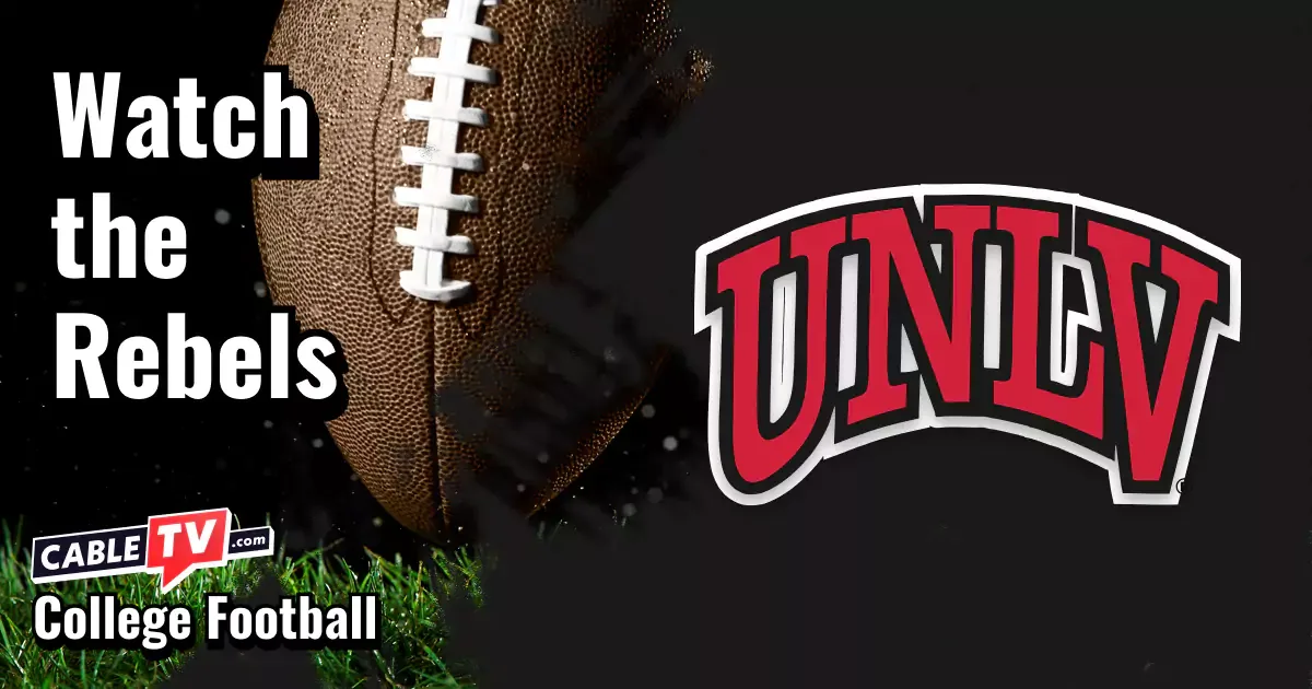UNLV Rebels logo on a black football background with the words “Watch the Rebels.”