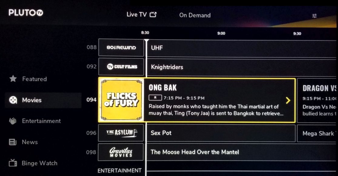 Xfinity Flex - Pluto guide 2 A screenshot of the Pluto TV channel guide.