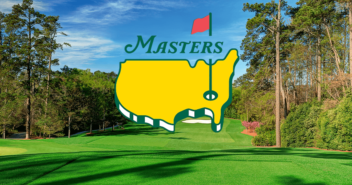 The Masters Tournament logo with golf course background.