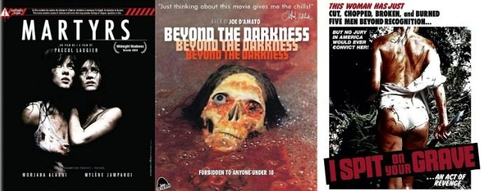 A collage of Blu-ray cover art for Martyrs, Beyond the Darkness, and I Spit on Your Grave