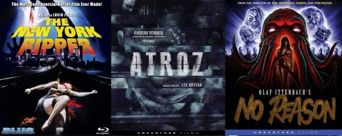 A collage of Blu-ray cover art for The New York Ripper, Atroz, and No Reason.