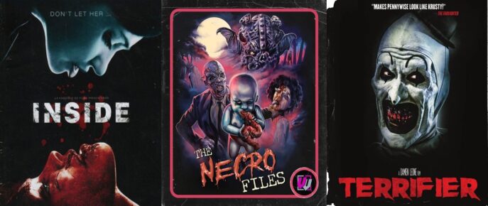 A collage of Blu-ray cover art for Inside, The Necro Files, and Terrifier