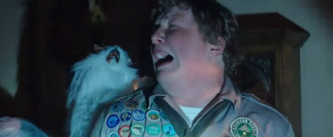 A chubby boy scout screams as he's attacked by a fluffy cat.