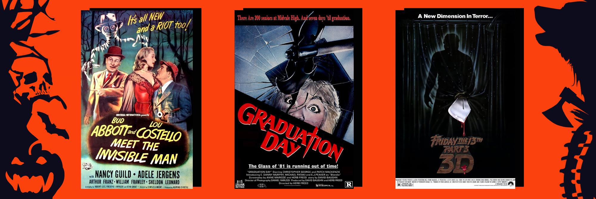 A History of Sports in Horror Movie posters for Abbott and Costello Meet the Invisible Man, Graduation Day, and Friday the 13th Part III.