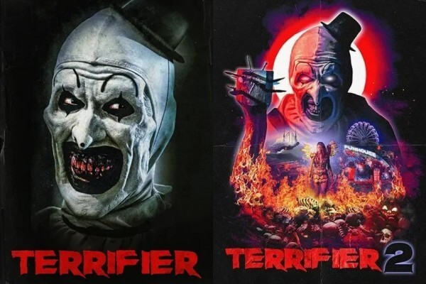 Side-by-side cover art for Terrifer and Terrifier 2 shows Art the Clown in menacing poses