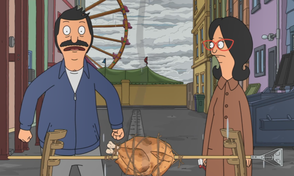 Bob, a cartoon man with a mustache, is upset about his turkey, which he's cooking on an outdoor spit in the middle of a street. His wife Linda, a cartoon woman with glasses, also looks sad.
