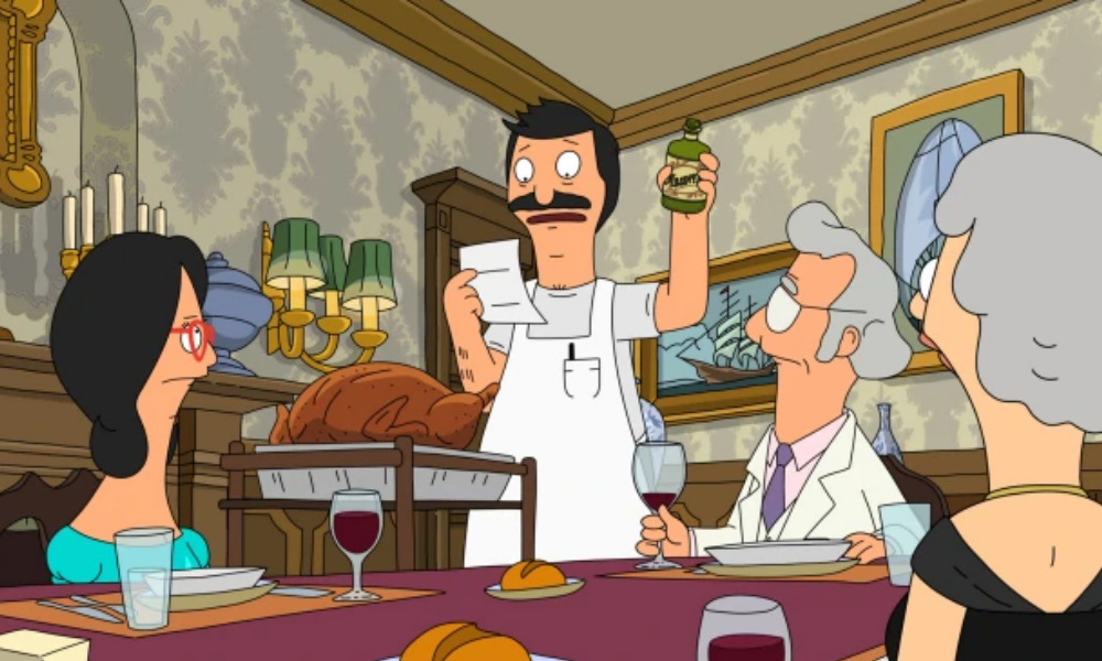 Bob, a cartoon man with a mustache and apron, toasts in front of a turkey and his eyepatch-wearing landlord.