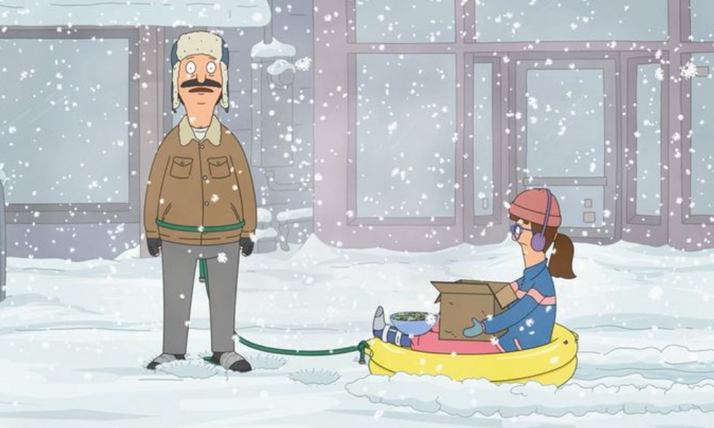 Bob, a cartoon man with a mustache, has a rope tied around his waist as his pulls around his sister-in-law in a big inflatable sled through a snowstorm.