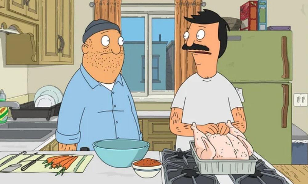 Bob, a cartoon man with a mustache, is explaining how to cook a turkey to his friend Teddy, a cartoon man with stubble and a hat.