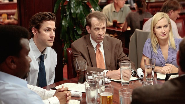 TheOfficeS8E10 John Krasinski, Paul Lieberstein, and Angela Kinsey as Jim, Toby, and Angela.