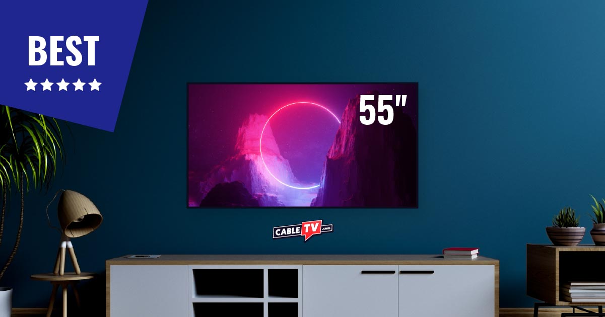A home theater scene featuring a generic 55-inch TV