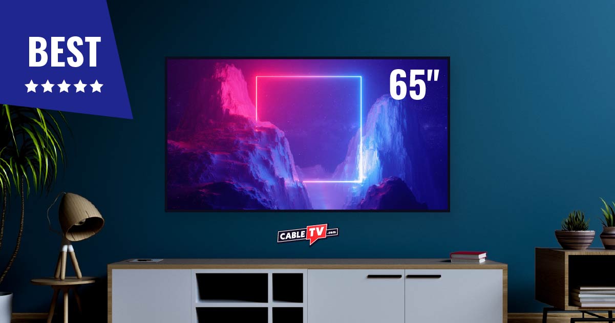 A home theater with a generic 65-inch TV and CableTV.com logo